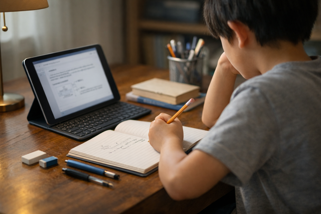 タブレットとノートを前に考えながら学習する子供の後ろ姿